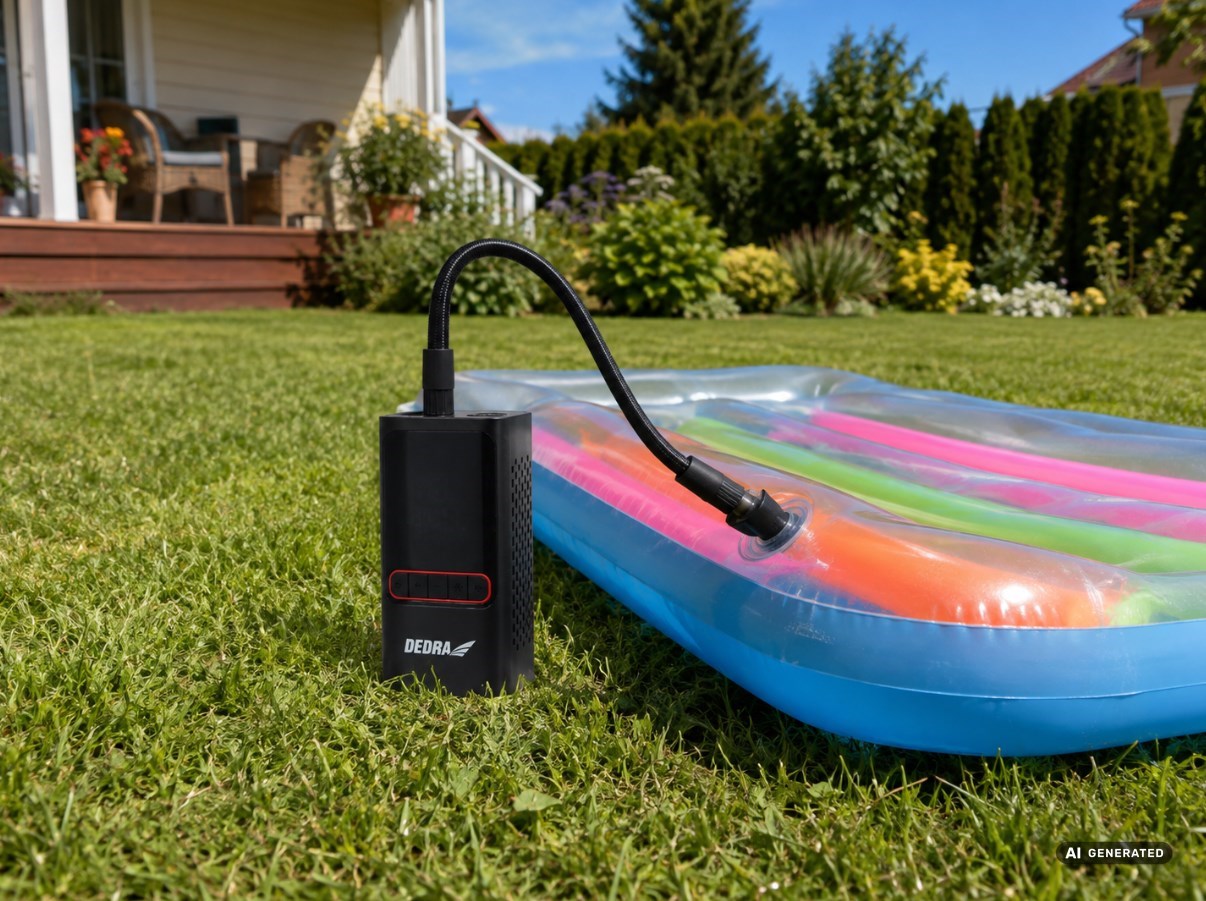 Bezprzewodowa pompka powietrza DEDRA DEPP011 2×2000 mAh – 150 PSI, power bank, różne wentyle